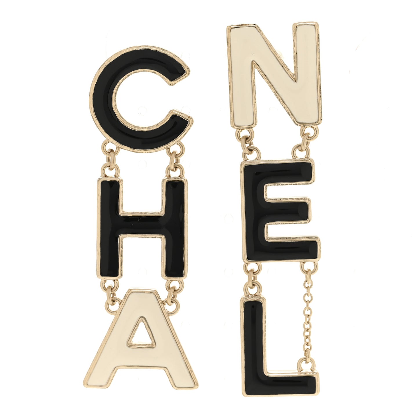 Metal Enamel Cha-Nel Logo Drop Earrings Black White