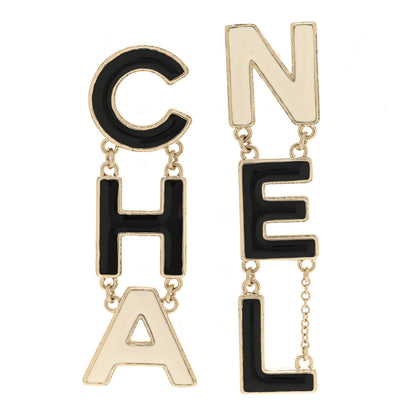 Chanel Metal Enamel Cha-Nel Logo Drop Earrings Black White 1 of 6