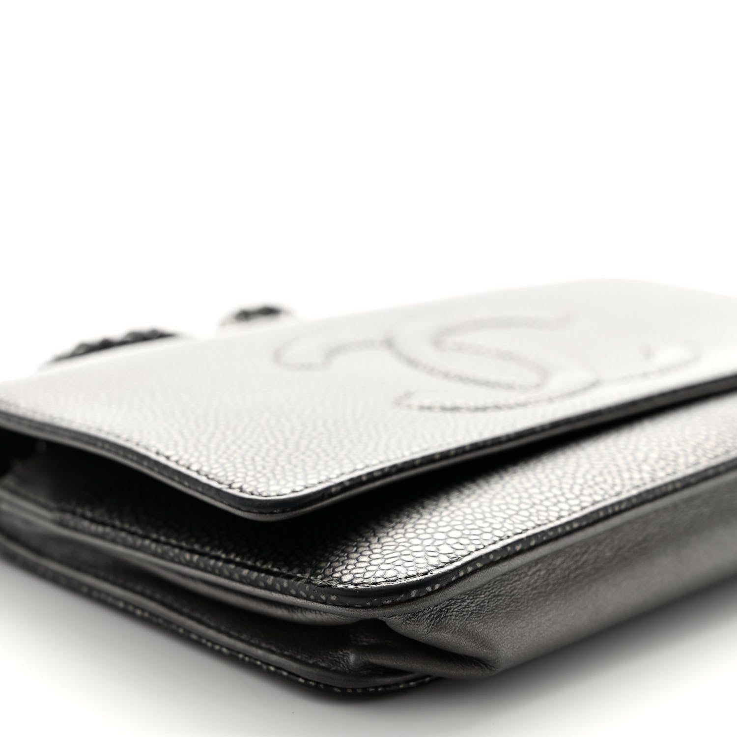 Chanel Metallic Caviar Timeless CC Wallet On Chain WOC Grey 9 of 13