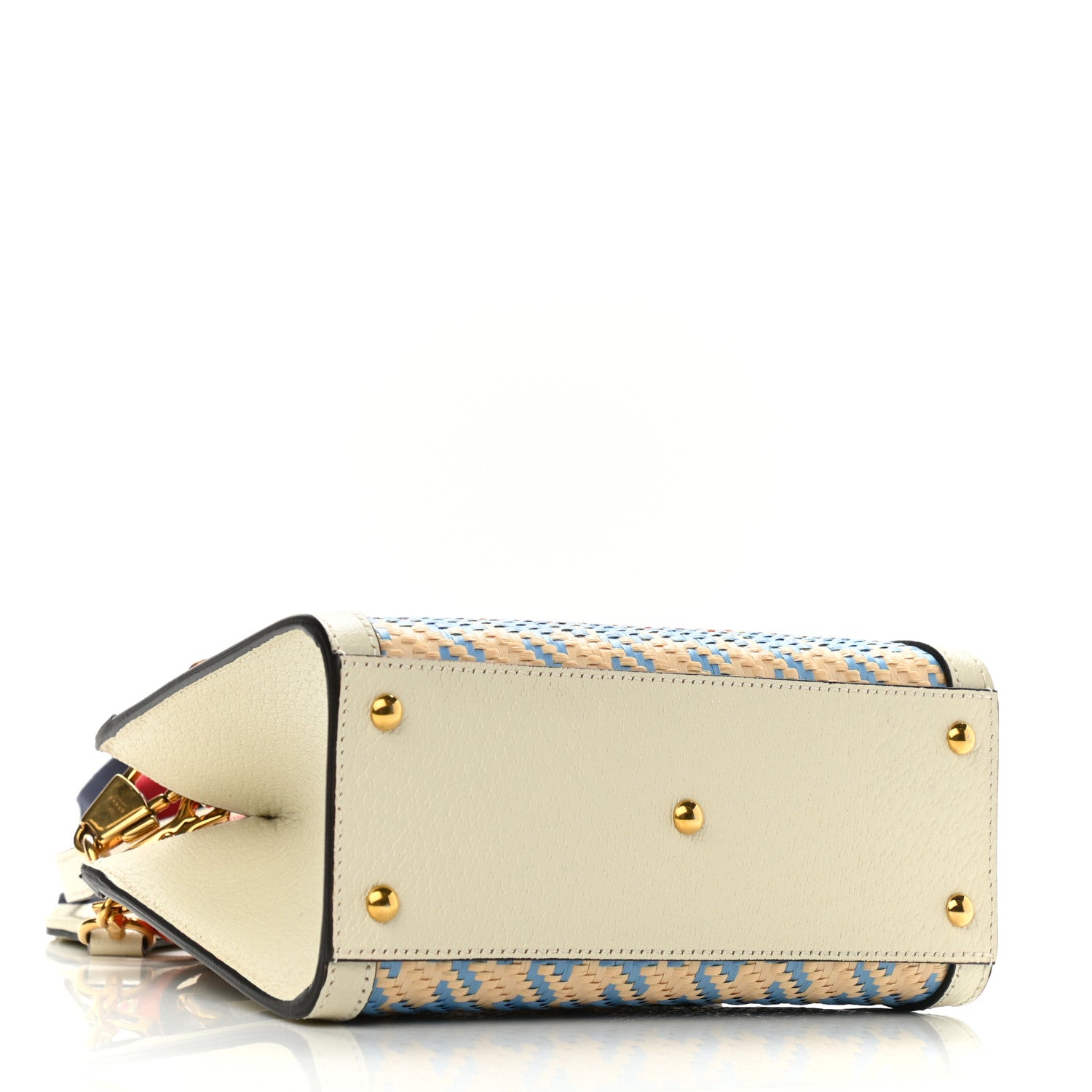 Gucci Raffia Textured Dollar Calfskin Web Houndstooth Mini Diana Tote Bag Light Blue Natural Deep Orange 4 of 7