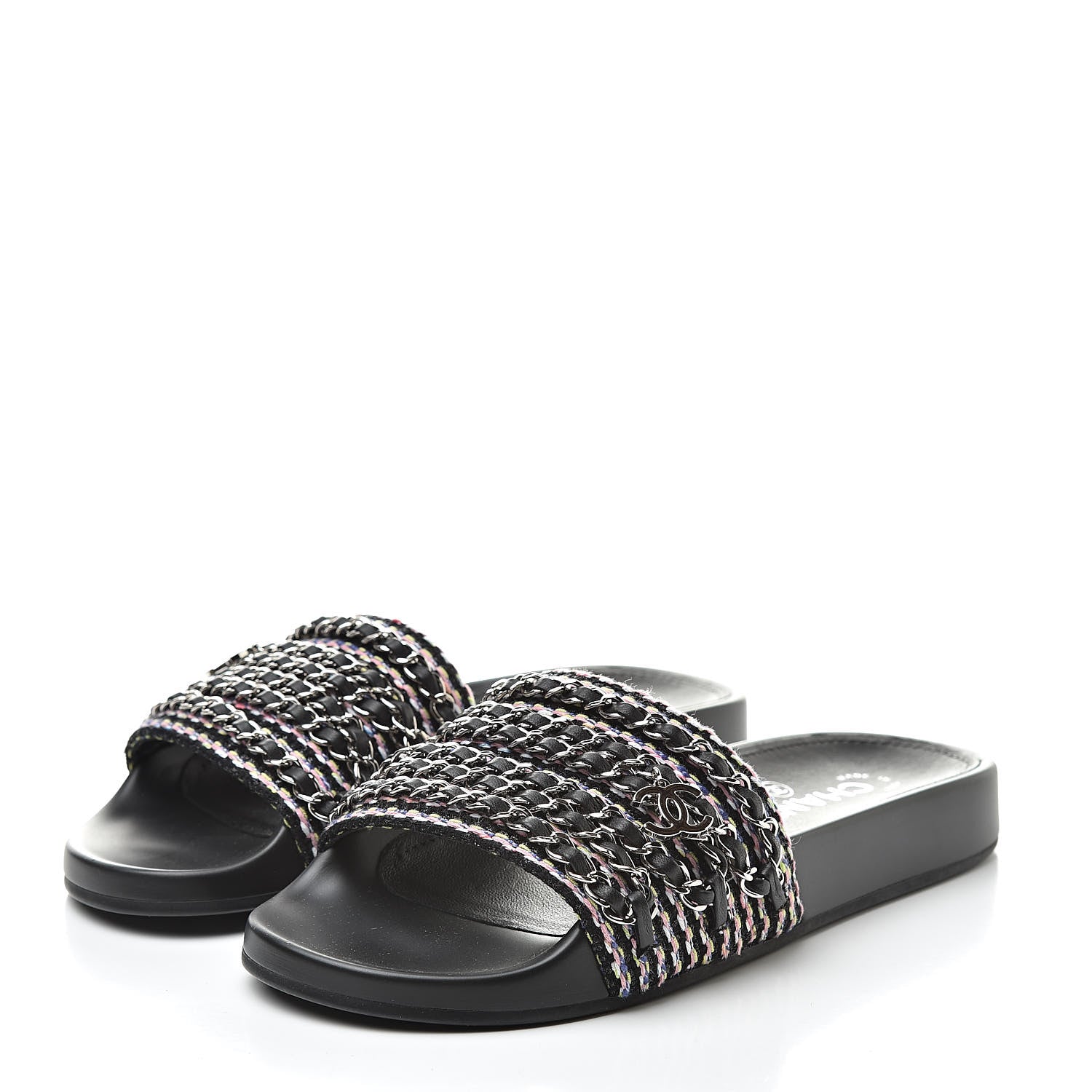 Chanel Tweed Lambskin Chain Flat Sandals 37 Black Multicolor 3 of 9