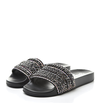 Chanel Tweed Lambskin Chain Flat Sandals 37 Black Multicolor 3 of 9