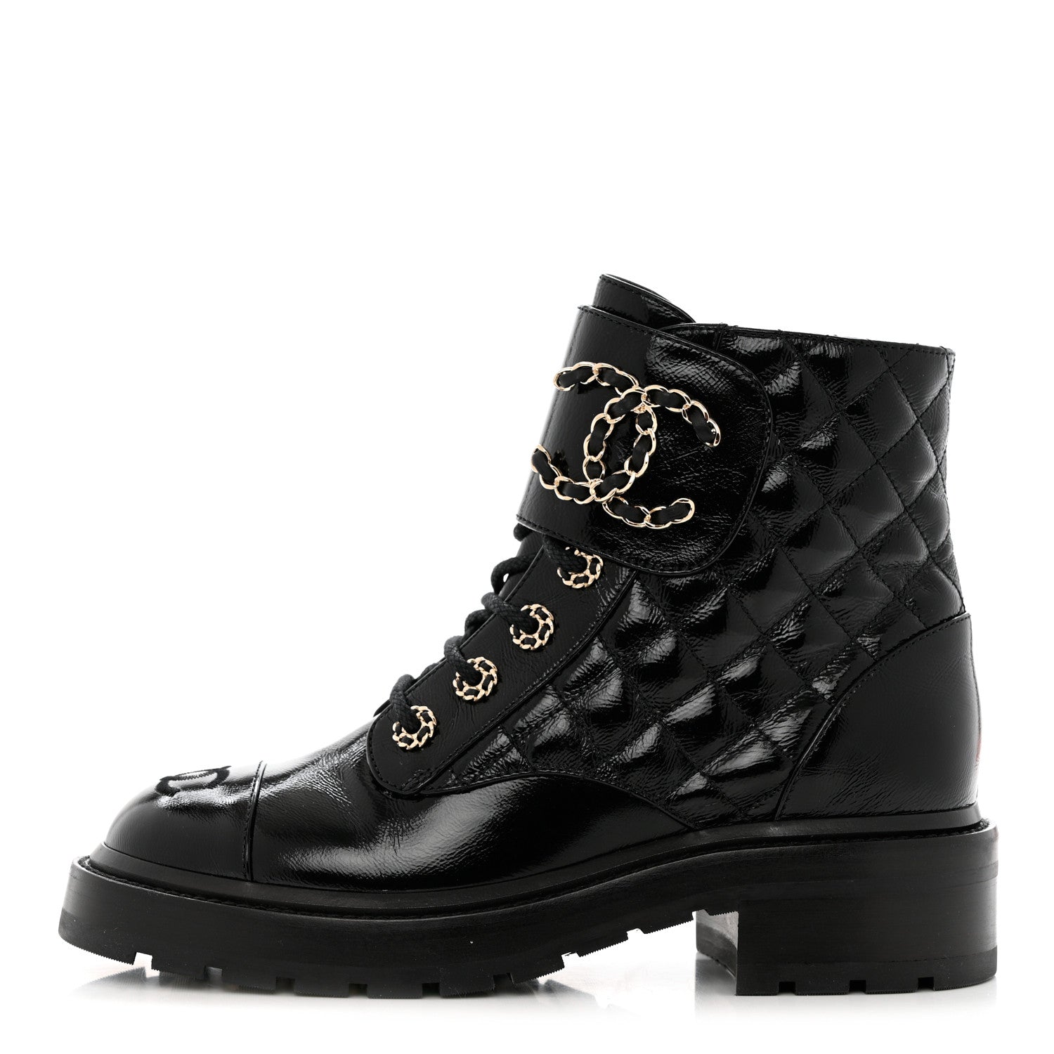 Chanel Shiny Calfskin Quilted Lace Up Combat Boots 36.5 Black 1 of 9