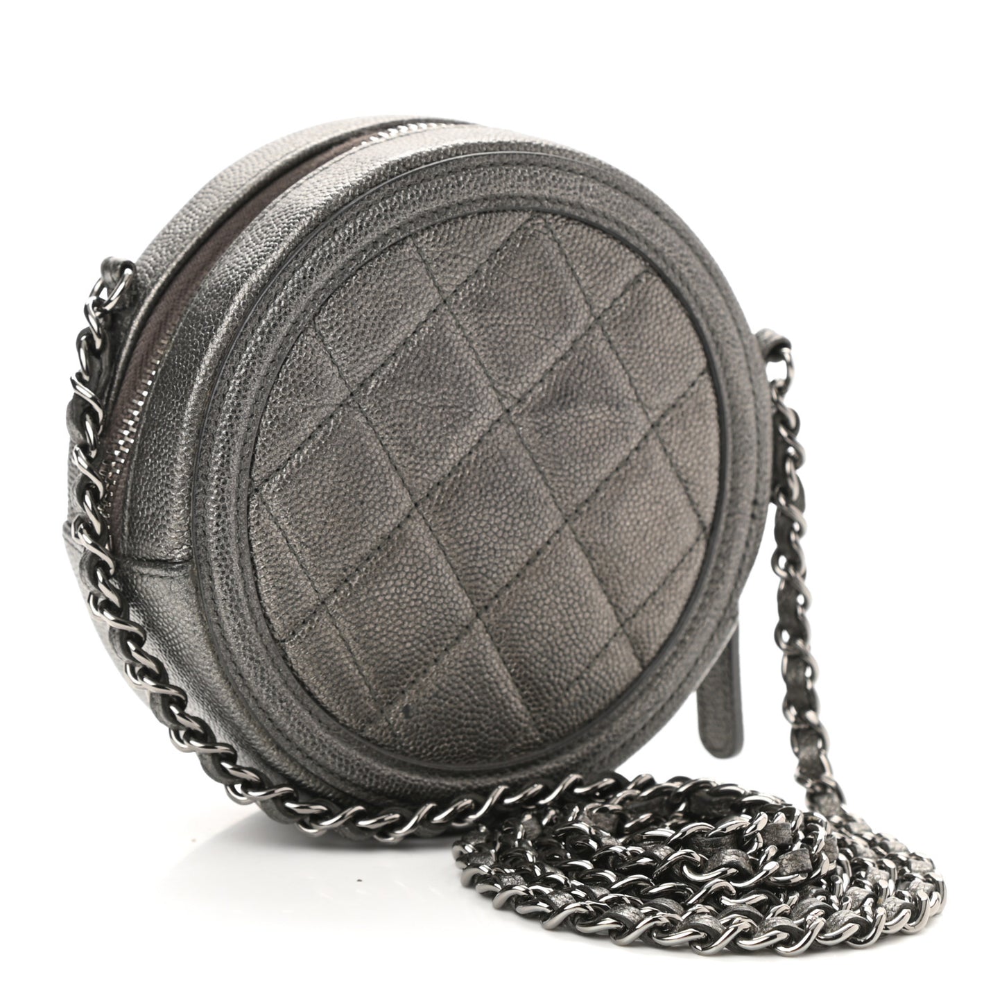 Metallic Caviar Quilted Round Filigree Crossbody Dark Silver