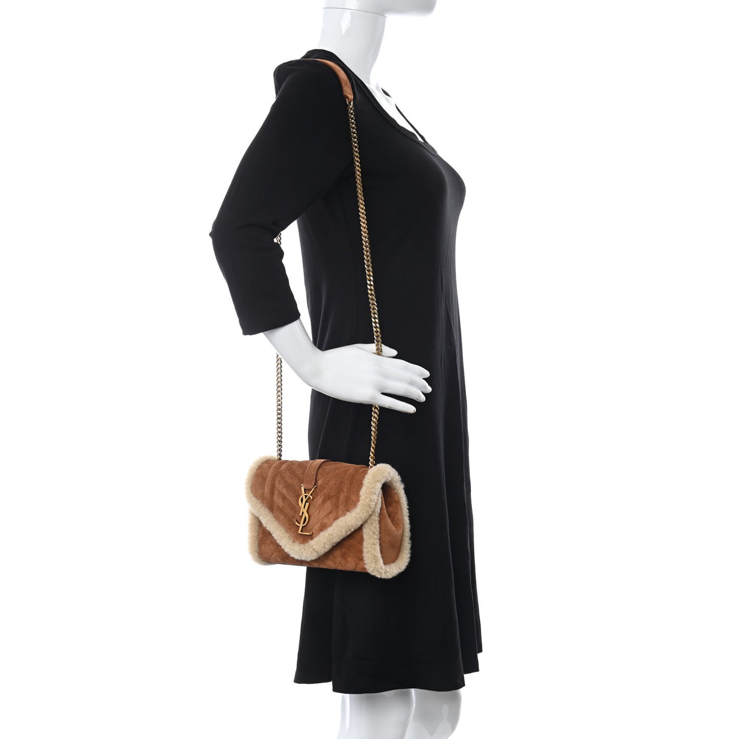 Nubuck Shearling Mixed Matelasse Triquilt Small Monogram Satchel Ivory Natural Tan
