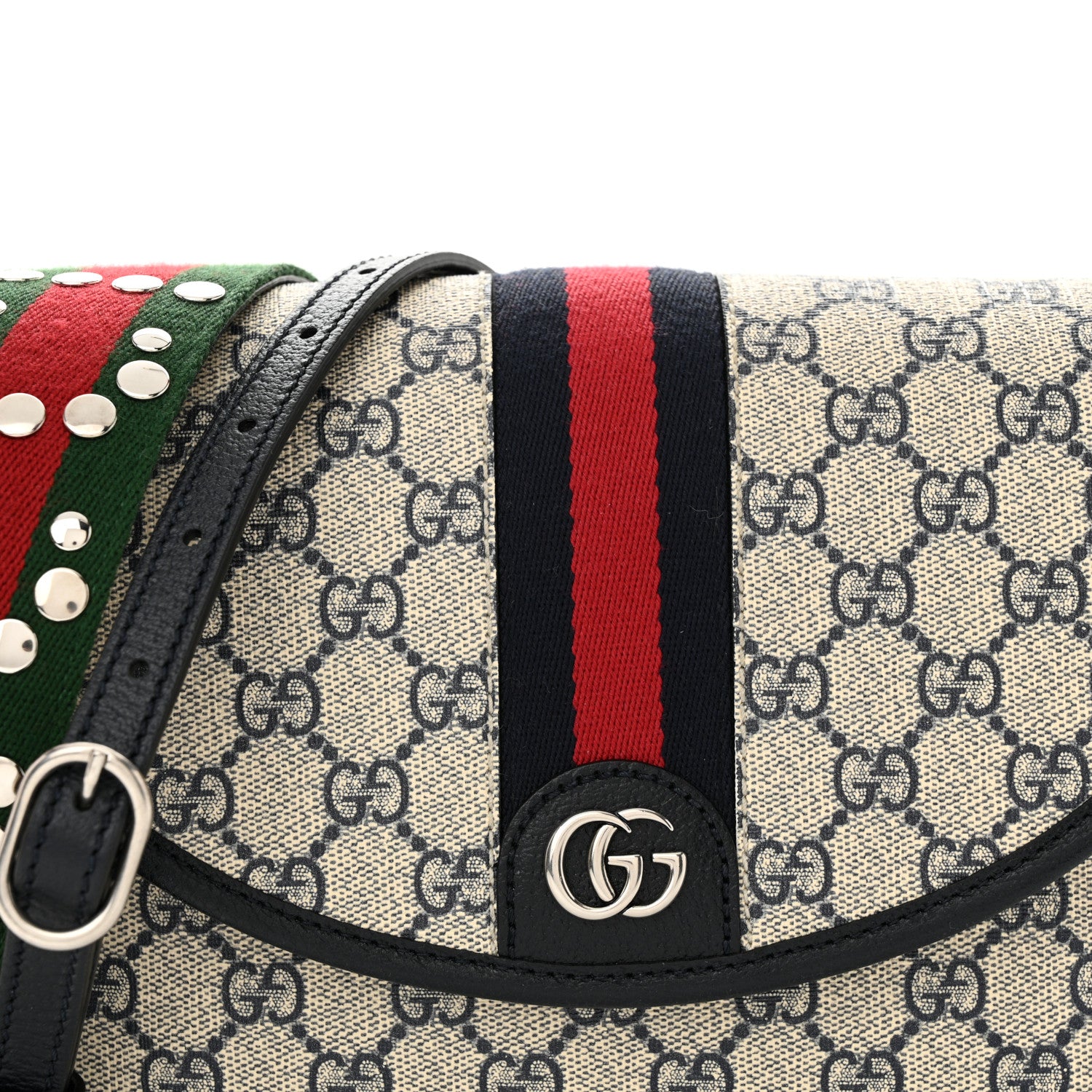 Gucci GG Supreme Monogram Textured Dollar Calfskin Web Studded Mini Ophidia Flap Shoulder Bag Beige Blue 8 of 10