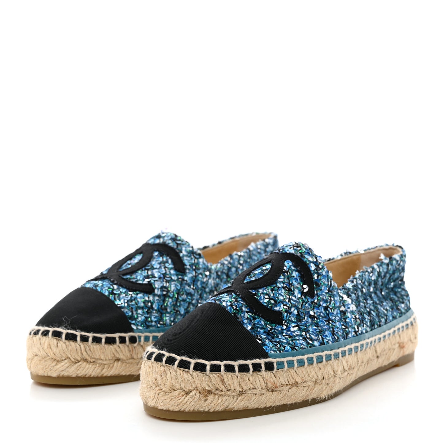 Metallic Tweed Sequin Grosgrain CC Espadrilles 35 Blue Black