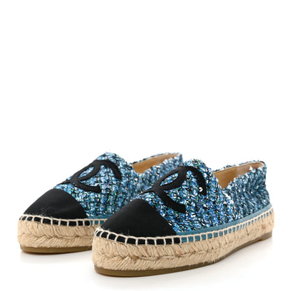 Chanel Metallic Tweed Sequin Grosgrain CC Espadrilles 35 Blue Black 3 of 7