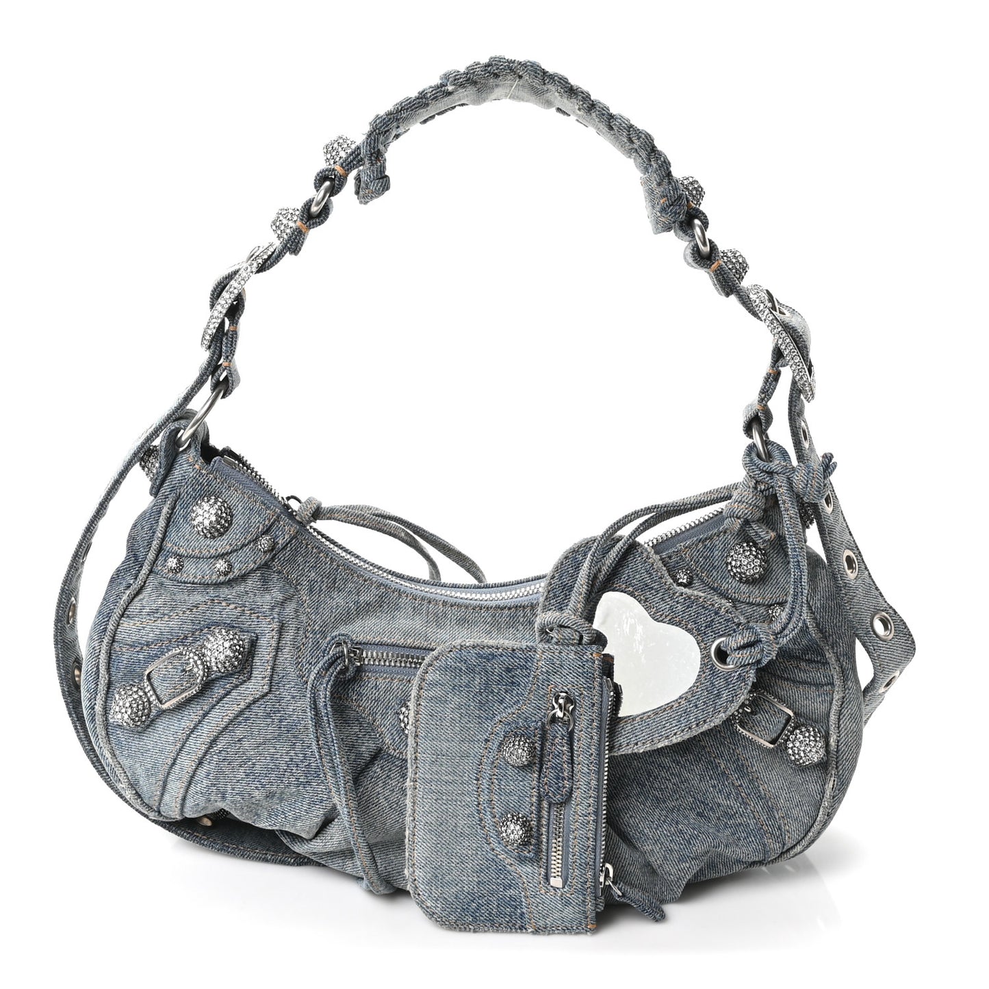 Washed Frayed Denim Crystal Small Le Cagole Shoulder Bag Blue