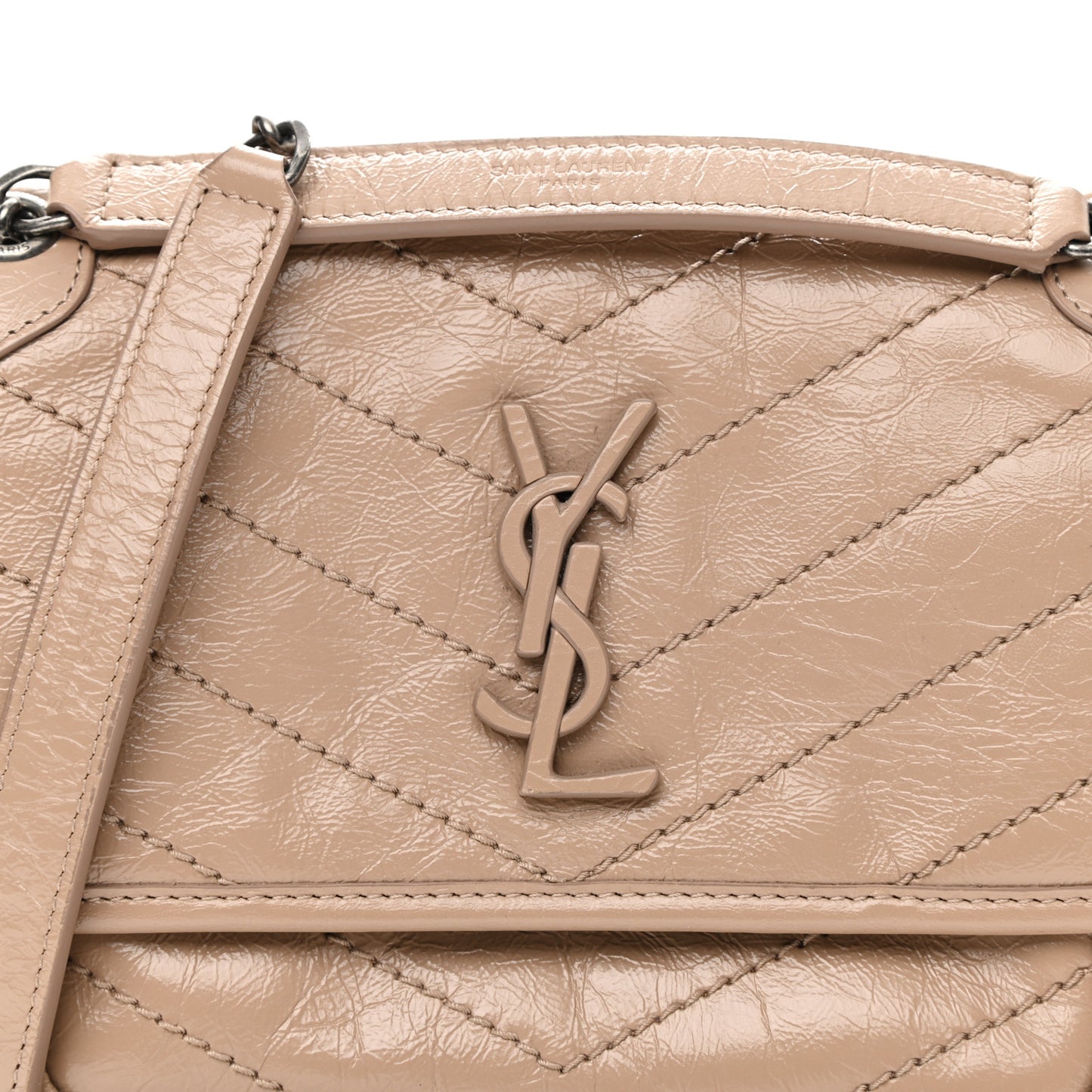 Crinkled Calfskin Matelasse Monogram Baby Niki Chain Satchel Light Taupe