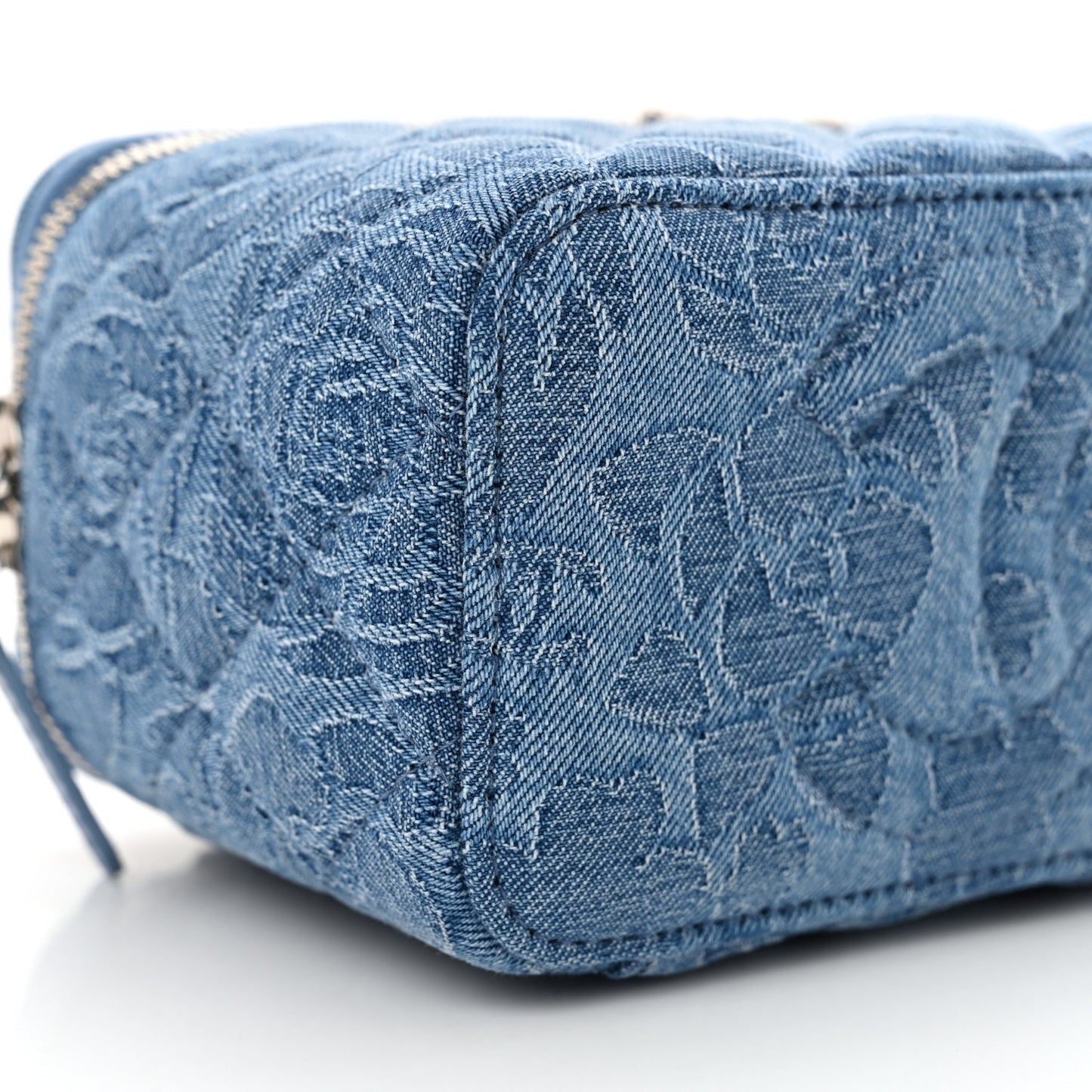 Denim Quilted Sweetheart Small Vanity Case With Chain Blue