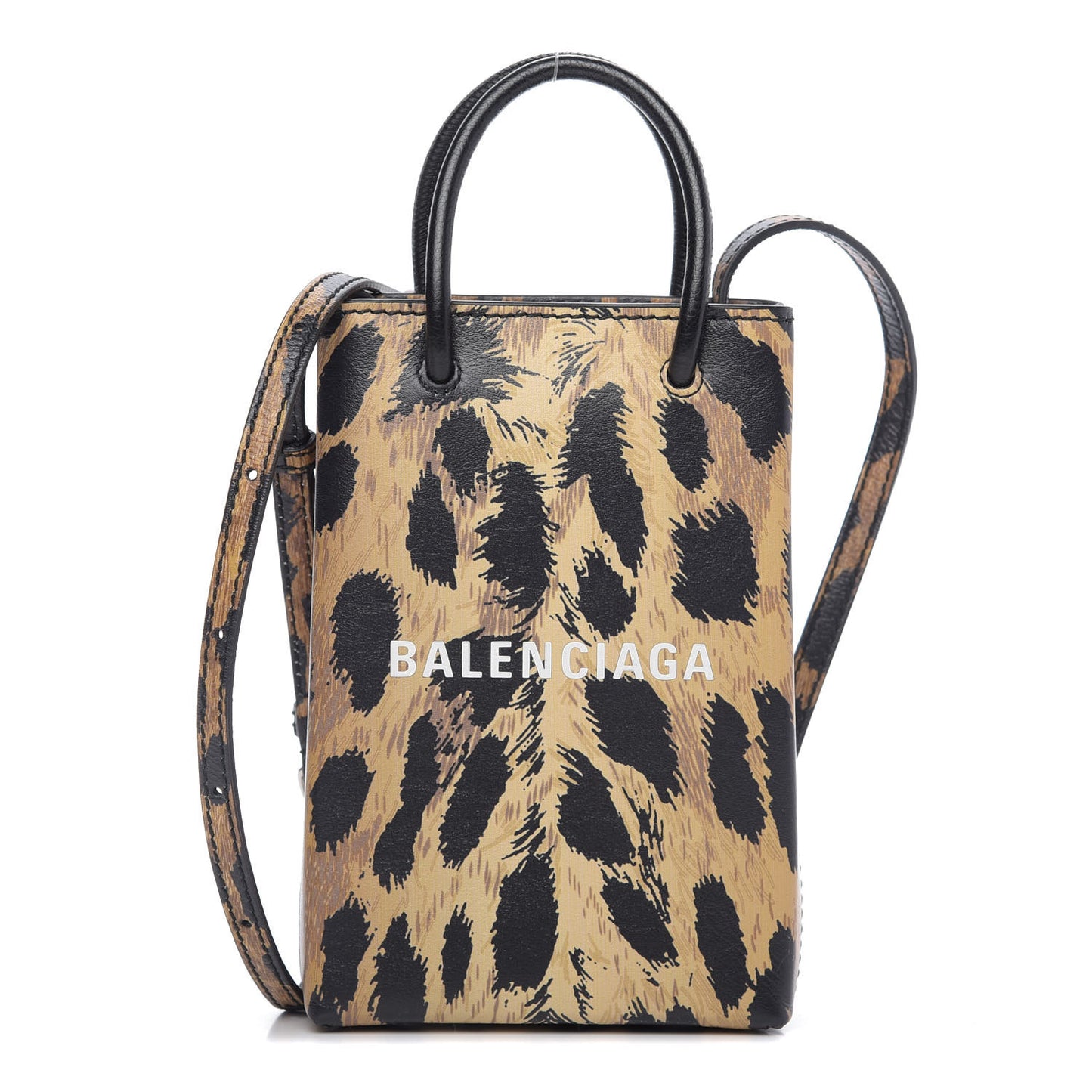 Smooth Calfskin Leopard Print Logo Shopping Phone Holder Bag Beige Black