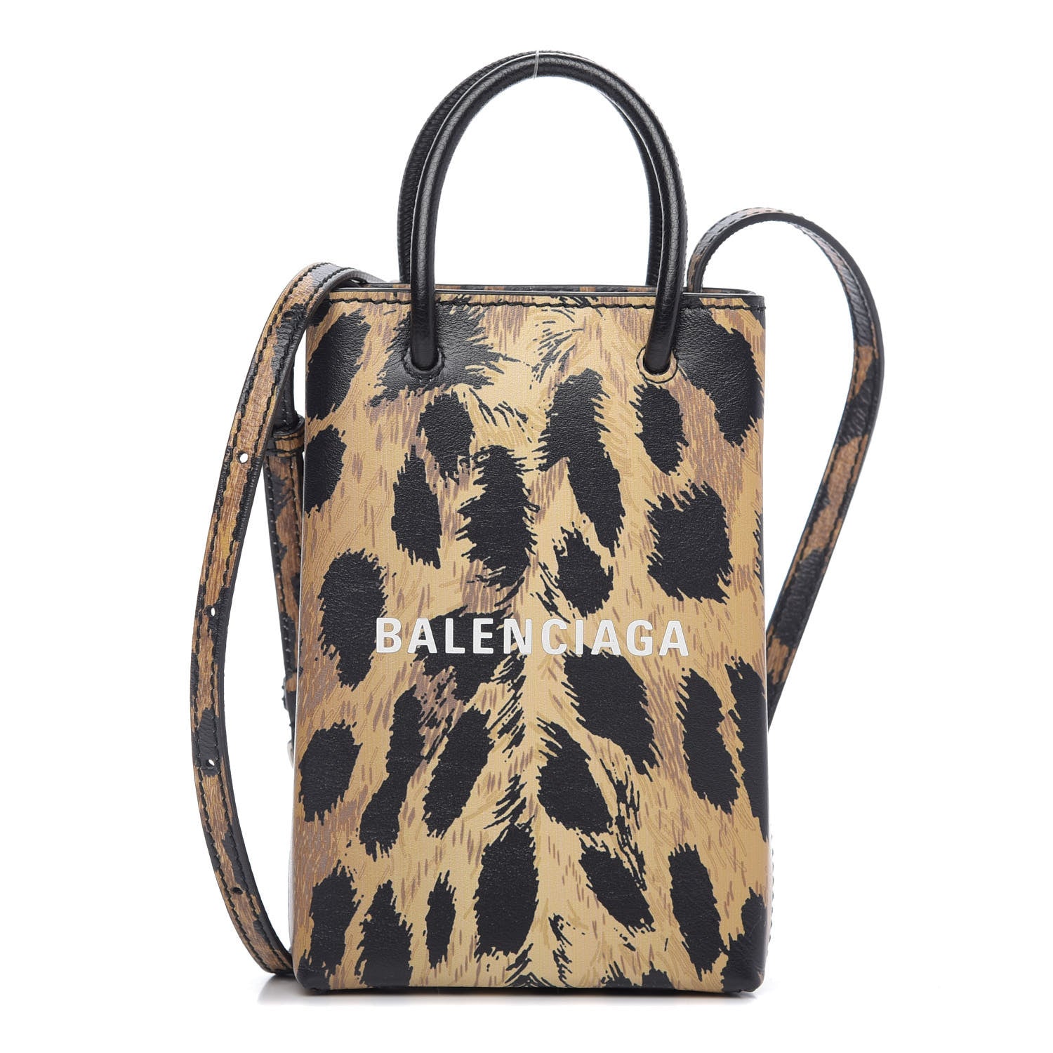 Balenciaga Smooth Calfskin Leopard Print Logo Shopping Phone Holder Bag Beige Black 1 of 9