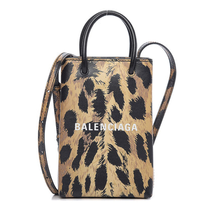 Balenciaga Smooth Calfskin Leopard Print Logo Shopping Phone Holder Bag Beige Black 1 of 9