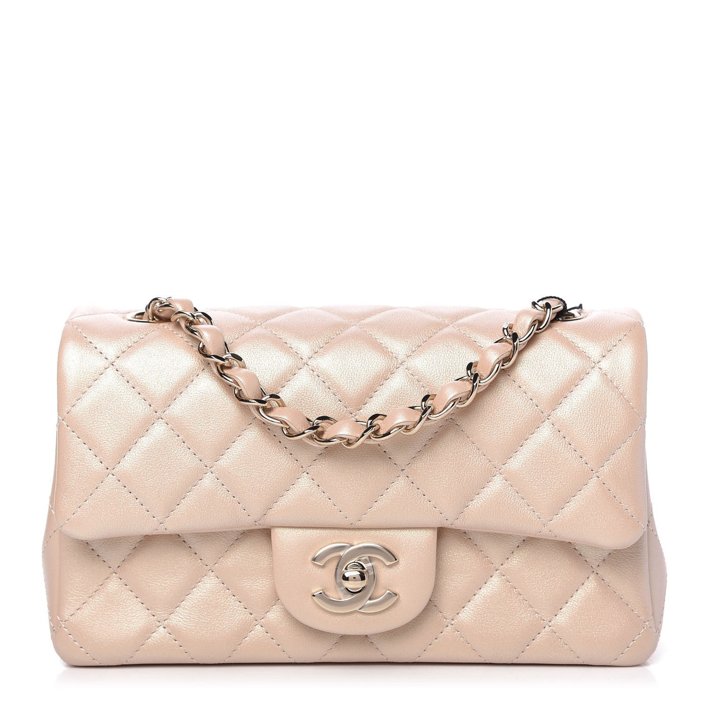 Iridescent Calfskin Quilted Mini Rectangular Flap Beige