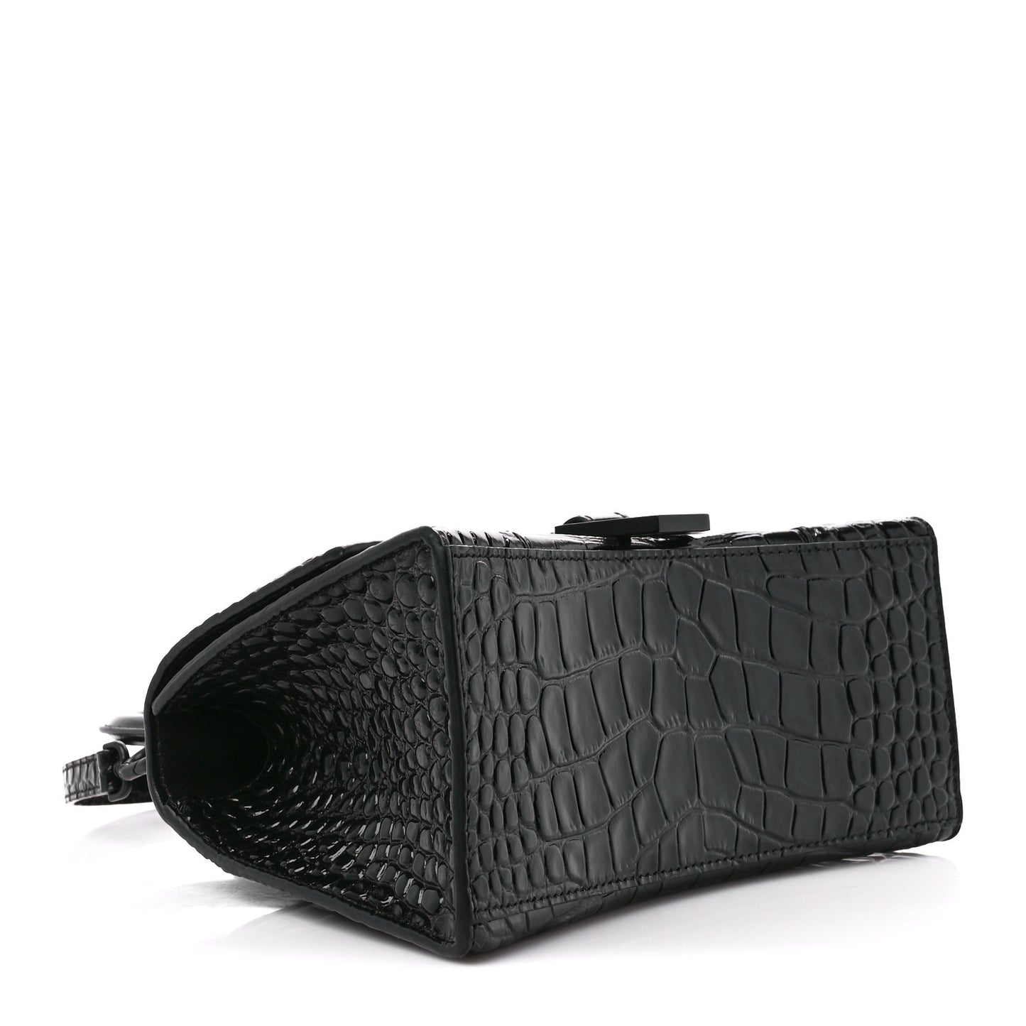 Shiny Calfskin Monochrome Crocodile Embossed Small Hourglass Top Handle Bag Black