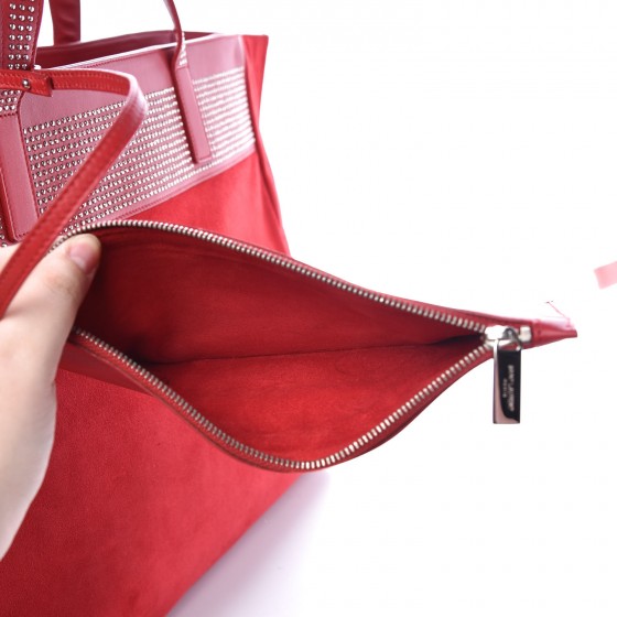 Calfskin Suede Stud Reversible Shopper Tote Red