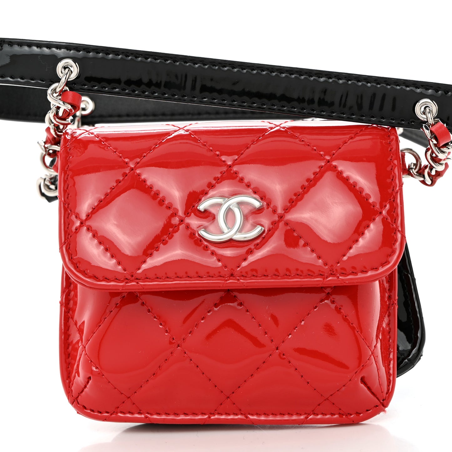 Patent Quilted Belt In Love Double Mini Flap Waist Bag Black Red