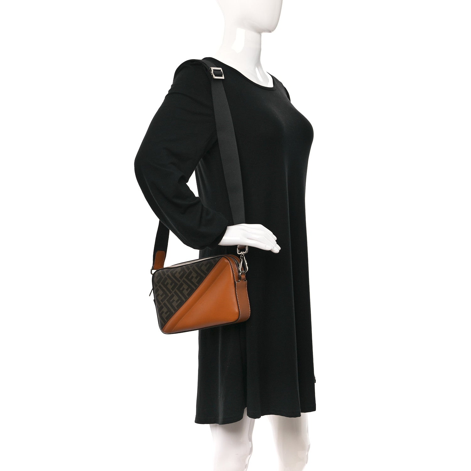 Fendi Glazed Fabric Vitello Cover FF 1974 Diagonal Bi-Color Medium Camera Case Tobacco Moro Cuoio 2 of 13
