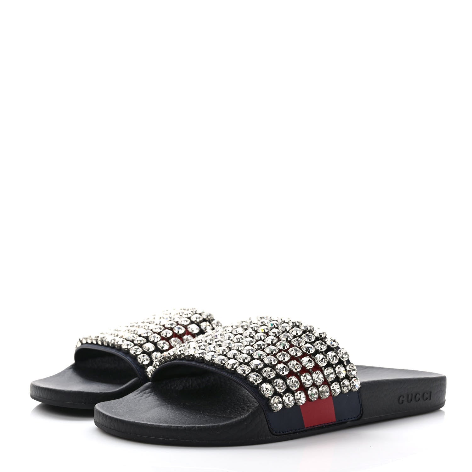 Gucci Calfskin Crystal Embellished Web Slide Sandals 41 Blue Red 3 of 7