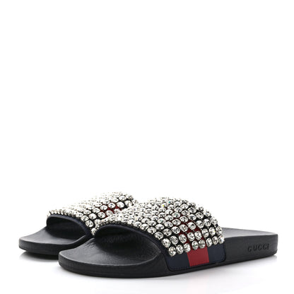 Gucci Calfskin Crystal Embellished Web Slide Sandals 41 Blue Red 3 of 7