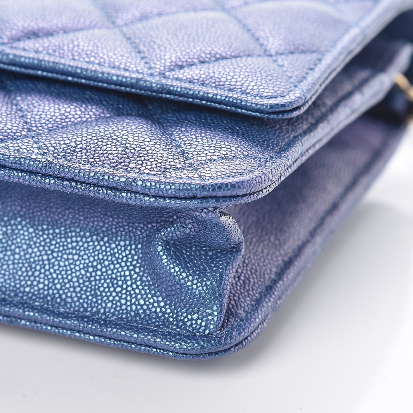 Iridescent Caviar Quilted Wallet On Chain WOC Dark Blue
