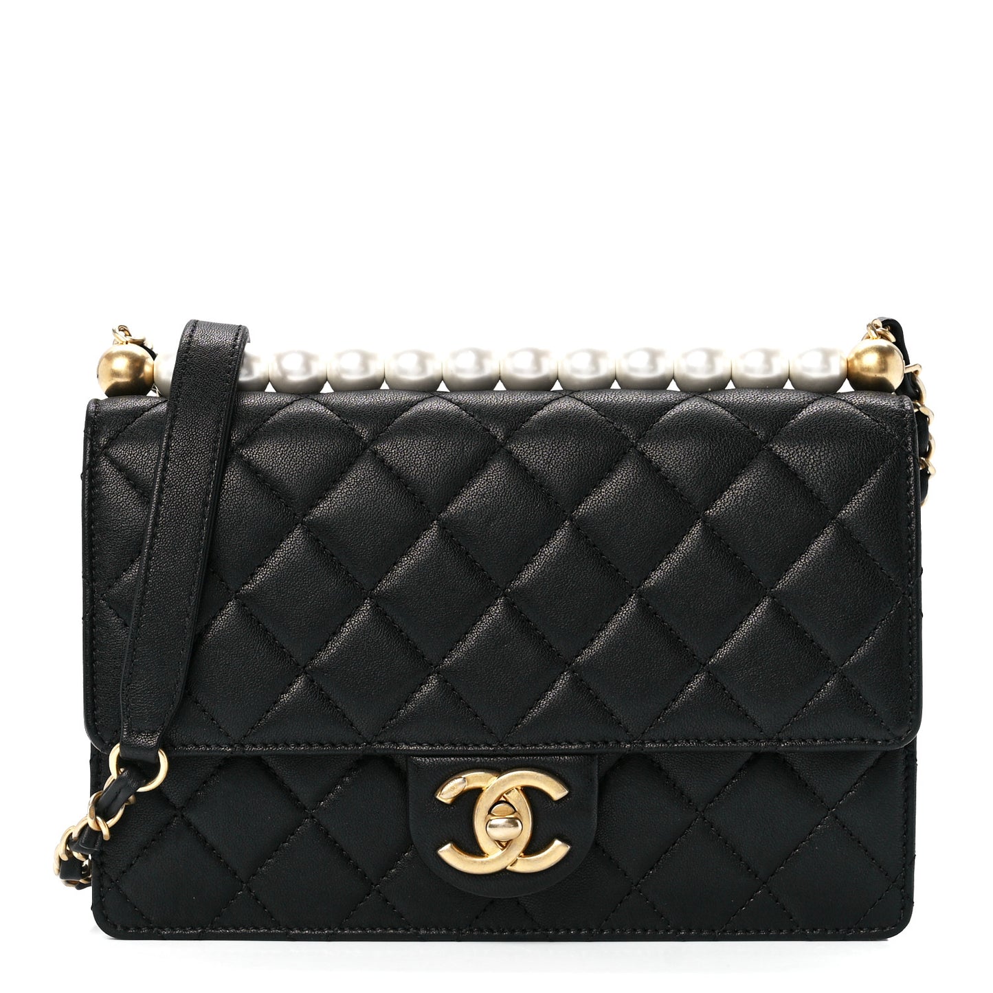 Lambskin Quilted Small Chic Pearls Flap Black
