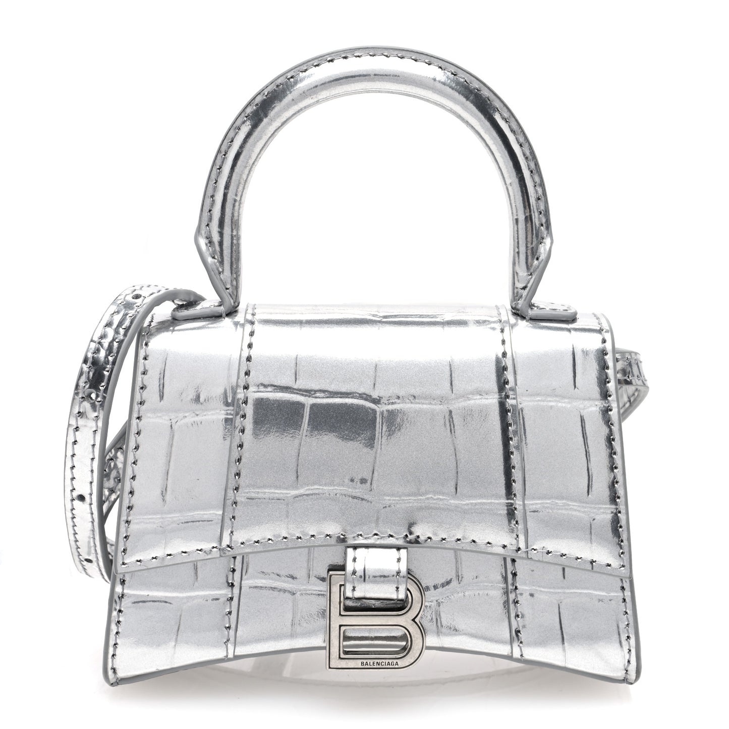 Metallic Calfskin Crocodile Embossed Hourglass Top Handle Bag Mini Silver