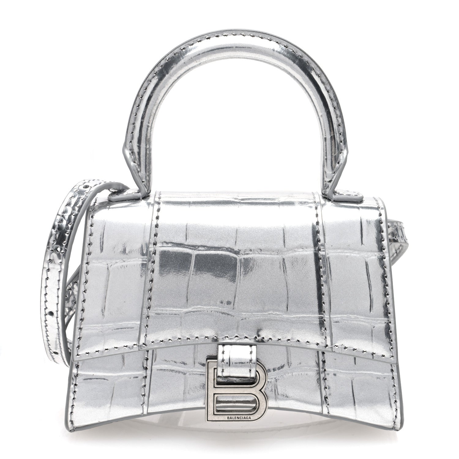 Balenciaga Metallic Calfskin Crocodile Embossed Hourglass Top Handle Bag Mini Silver 1 of 9