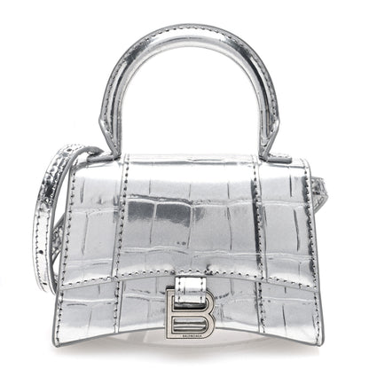 Balenciaga Metallic Calfskin Crocodile Embossed Hourglass Top Handle Bag Mini Silver 1 of 9