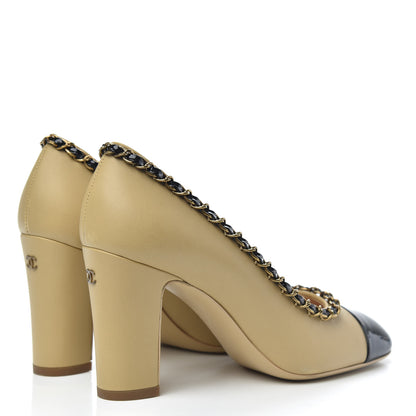 Chanel Calfskin Patent Calfskin Chain Cap Toe Pumps 36.5 Beige Black 4 of 11