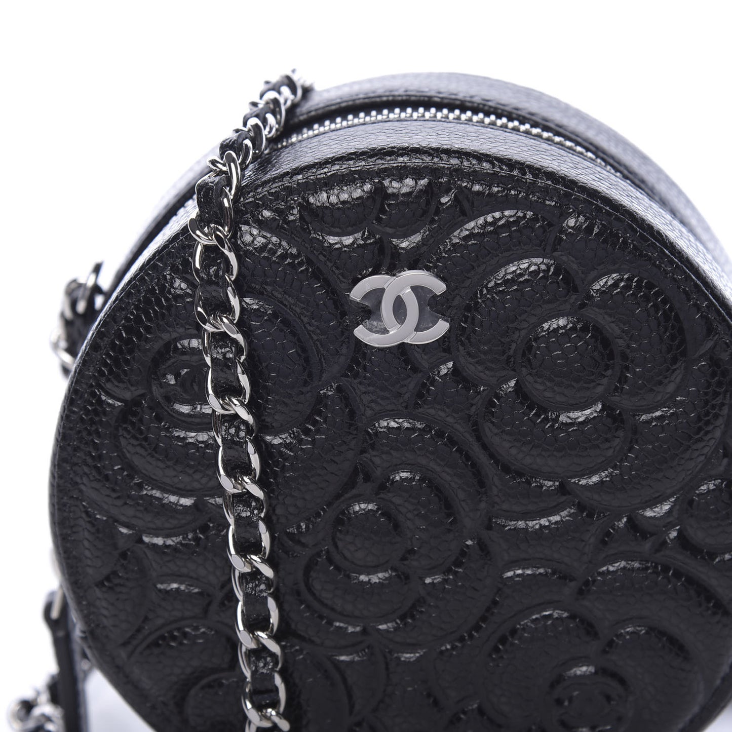 Caviar Camellia Embossed Round Clutch With Chain Black