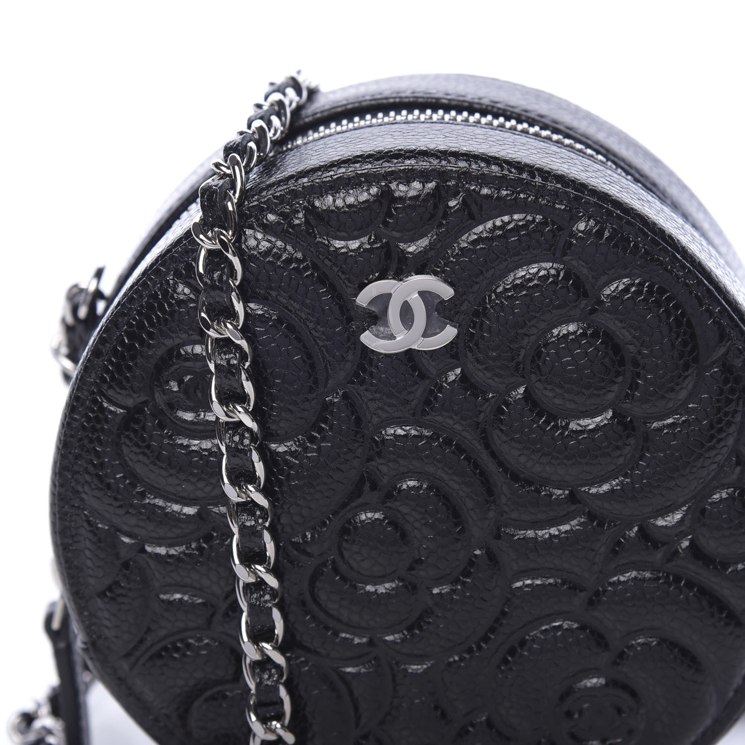 Chanel Caviar Camellia Embossed Round Clutch With Chain Black 10 of 11