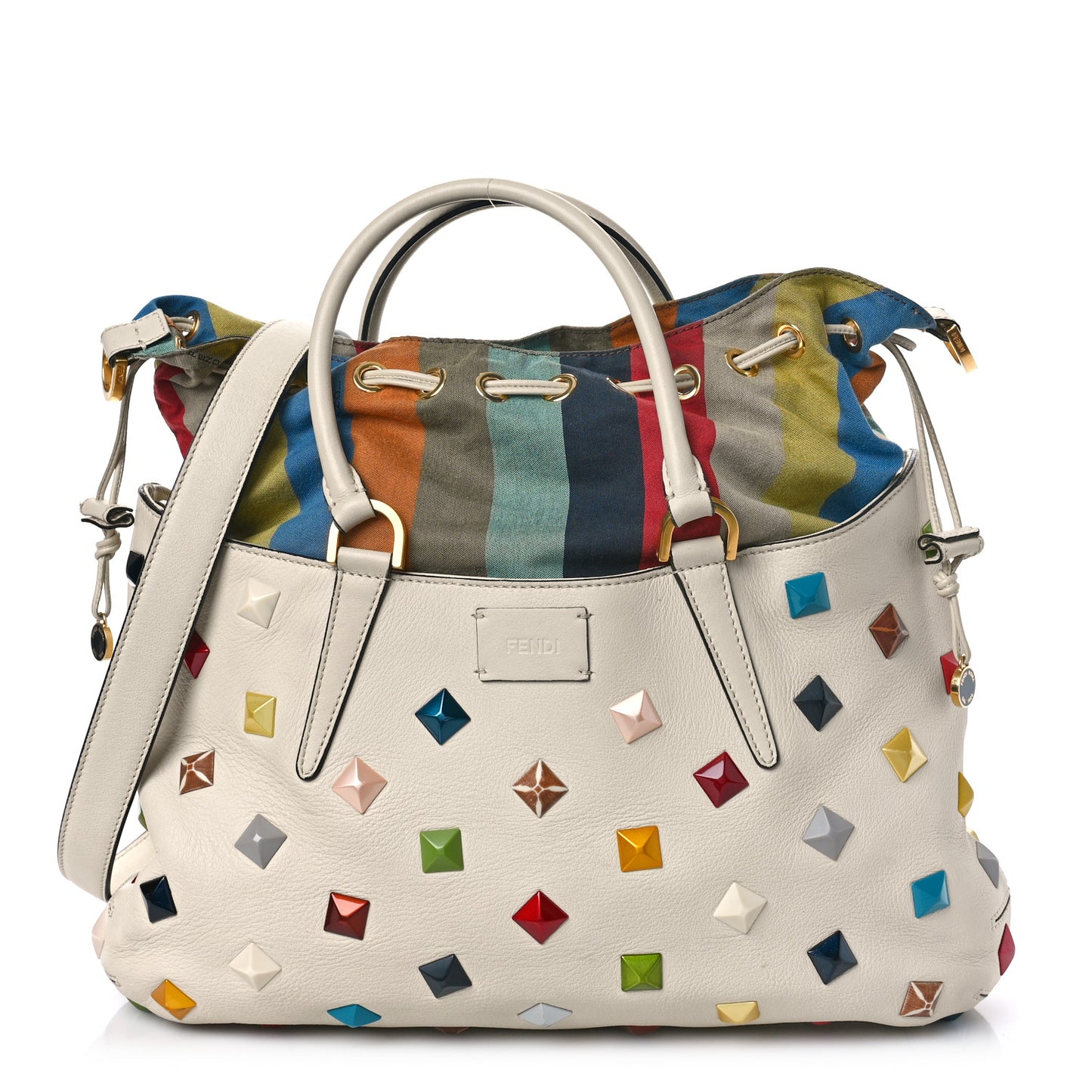 Calfskin Studded Medium B Fab Drawstring Tote Milk Multicolor