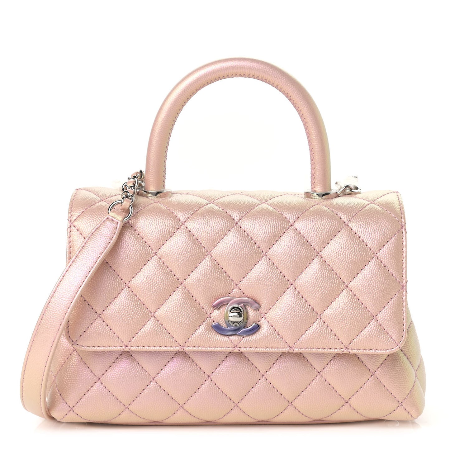 Iridescent Caviar Quilted Mini Coco Handle Flap Pink