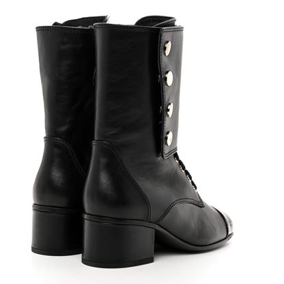 Chanel Calfskin Patent Cap Toe CC Lace Up Boots 38 Black 4 of 9