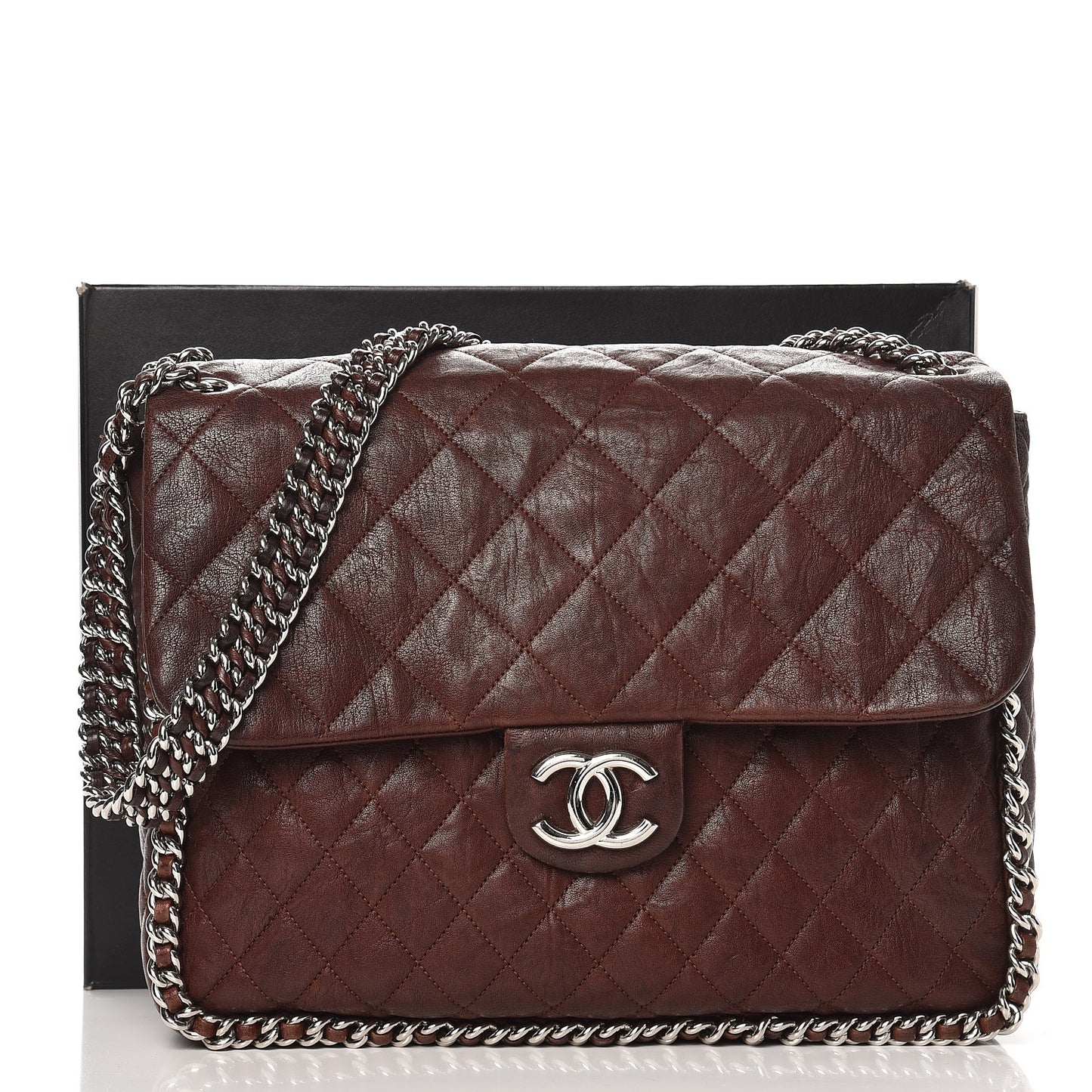 Crumpled Lambskin Quilted Maxi Chain Around Flap Dark Brown