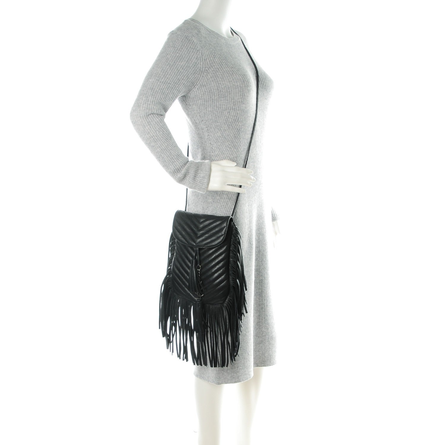 Saint Laurent Sheepskin Matelasse Chevron Fringe Small Monogram Anita Crossbody Bag Black 2 of 6