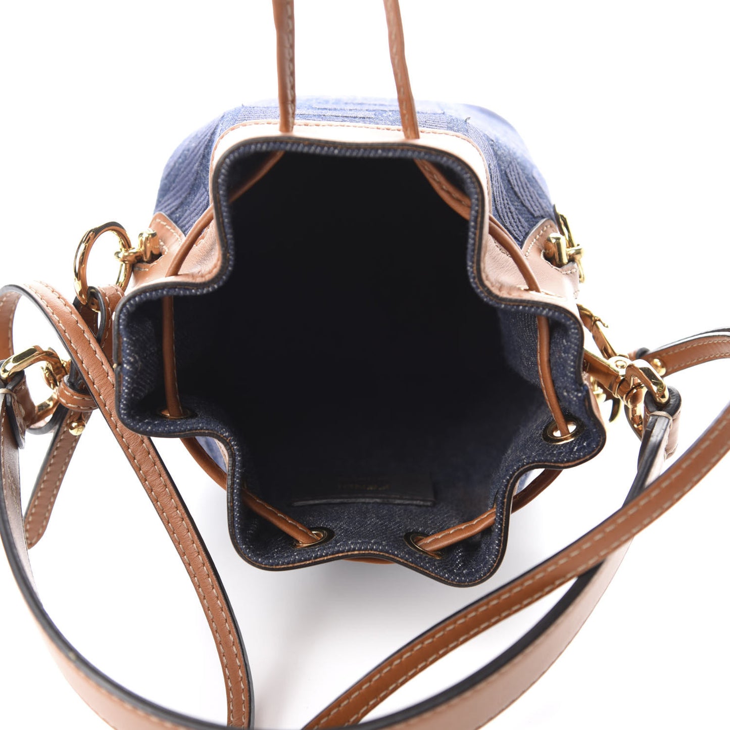 Denim Vitello King F is Fendi FF Embroidered Mini Mon Tresor Bucket Bag Blue Cuoio