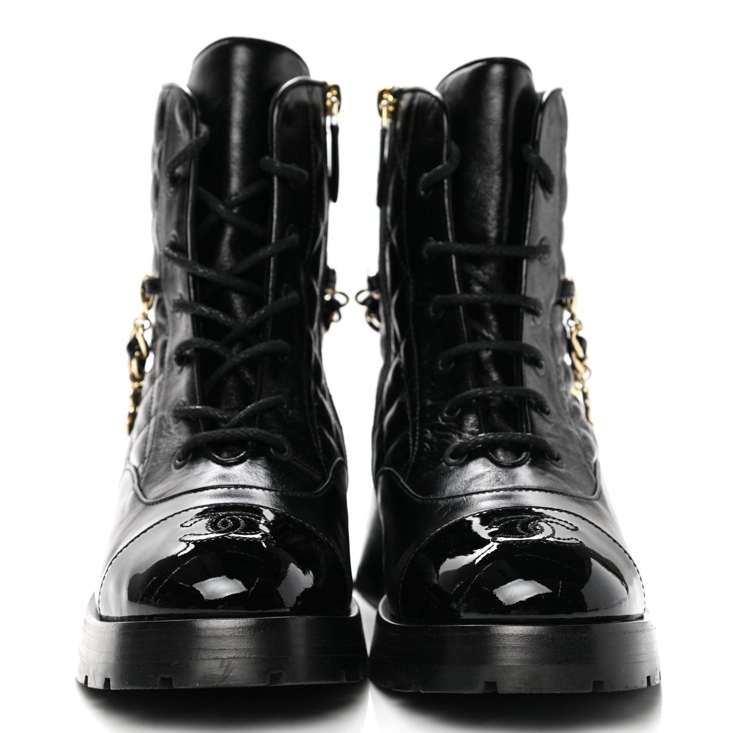 Shiny Calfskin Patent Quilted Chain Lace Up Combat Boots 38.5 Black
