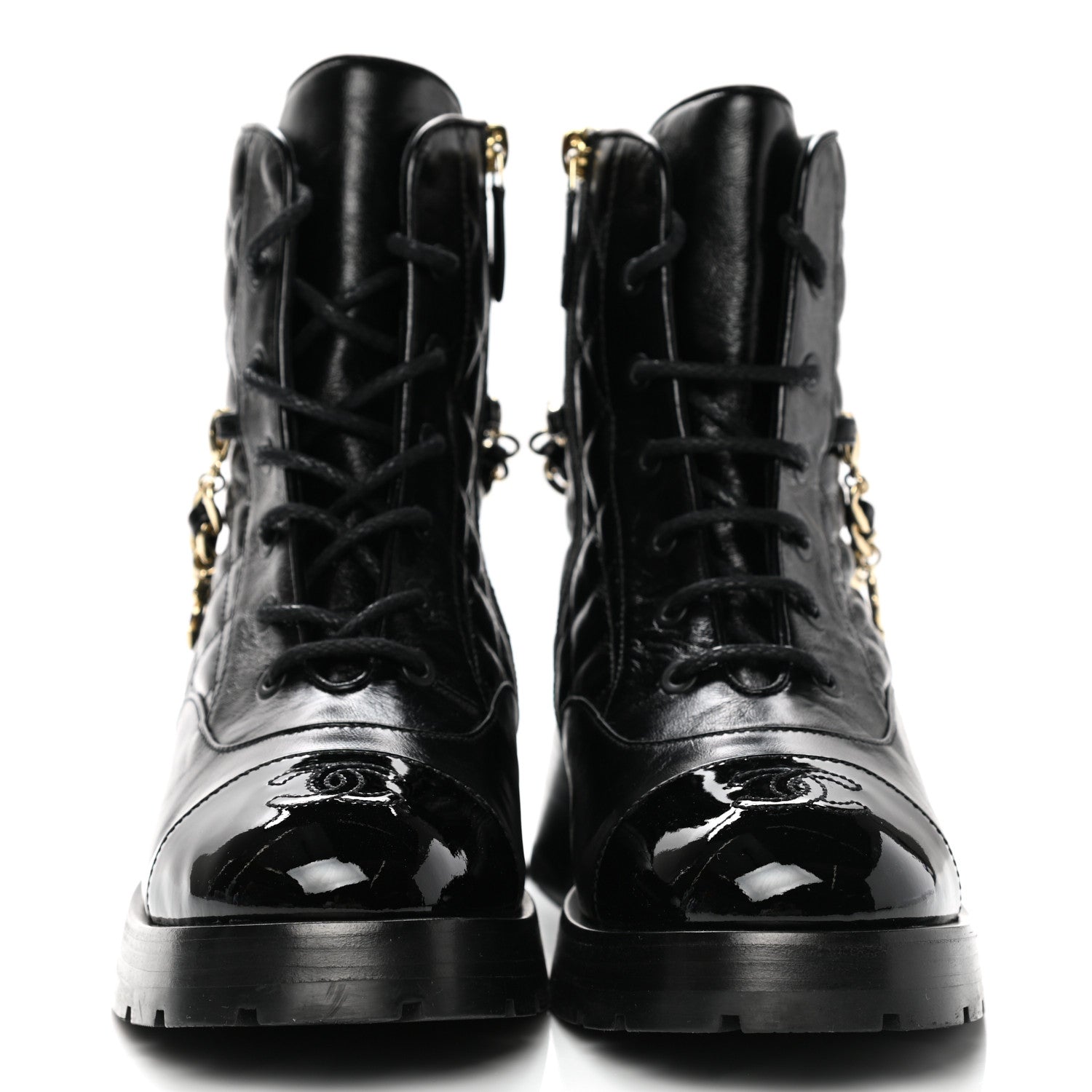 Chanel Shiny Calfskin Patent Quilted Chain Lace Up Combat Boots 38.5 Black 2 of 9