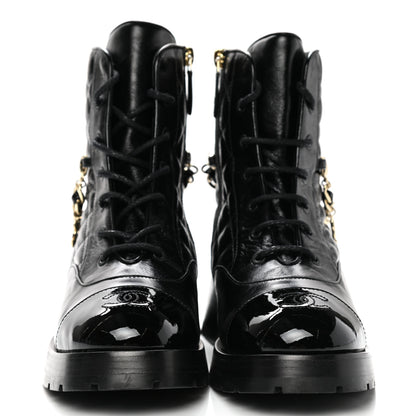 Chanel Shiny Calfskin Patent Quilted Chain Lace Up Combat Boots 38.5 Black 2 of 9