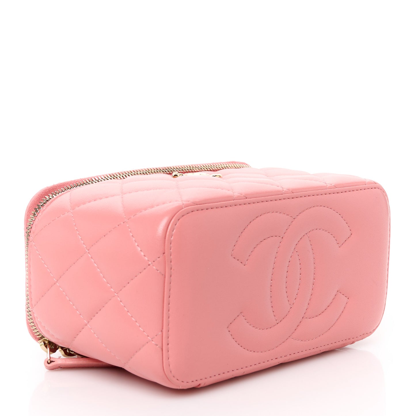 Lambskin Quilted Small Charming Top Handle Vanity Case With Chain Pink