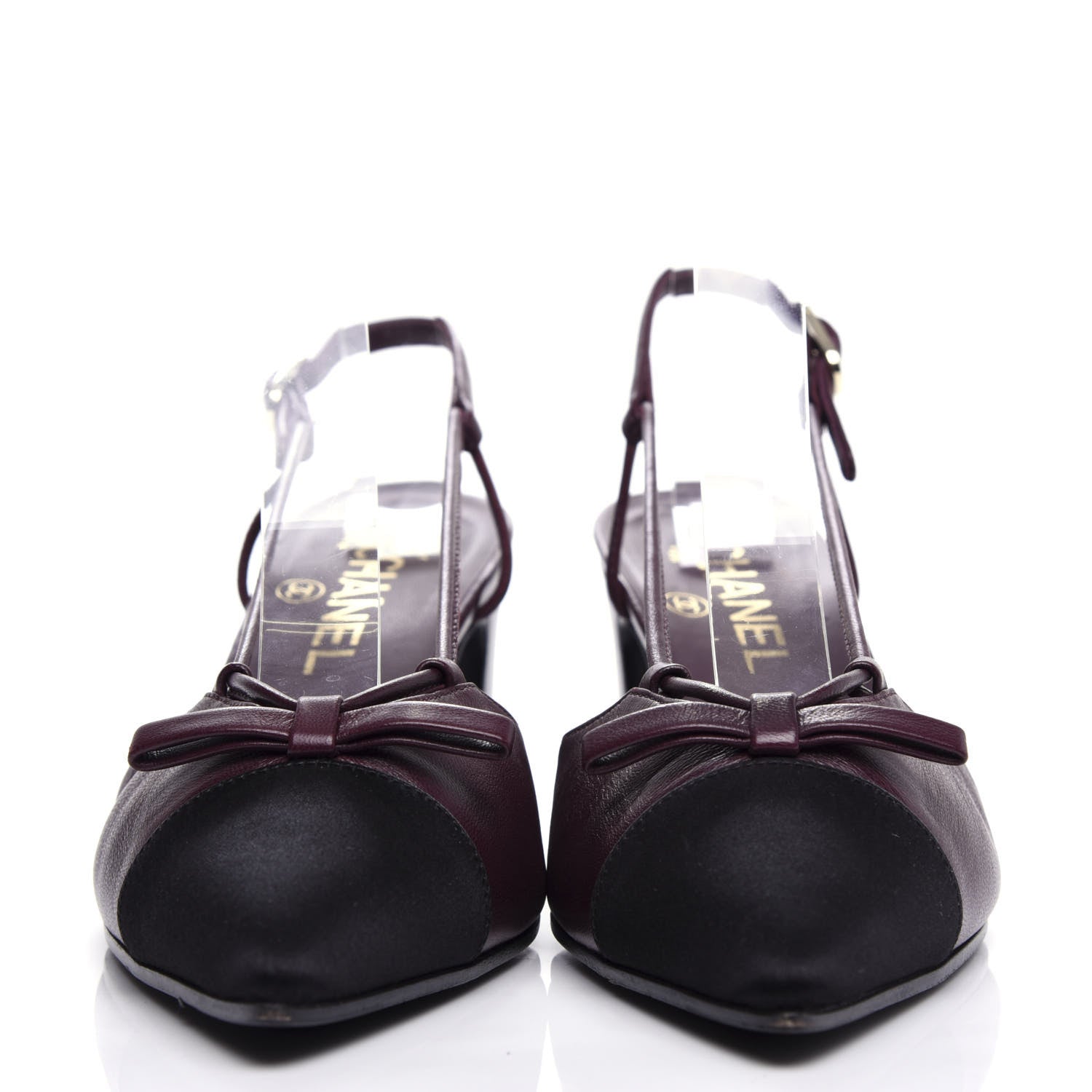 Chanel Lambskin Satin Slingback Cap Toe Bow Pumps 37 Burgundy Black 2 of 10
