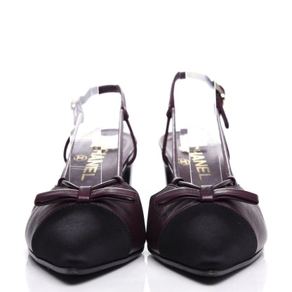 Chanel Lambskin Satin Slingback Cap Toe Bow Pumps 37 Burgundy Black 2 of 10