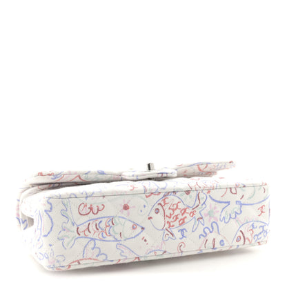 Chanel Denim Printed Fish Quilted Medium Double Flap White Multicolor 4 of 10