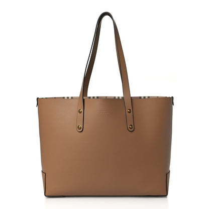 Burberry Grainy Calfskin Haymarket Check Small Reversible Tote Mid Camel 1 of 15