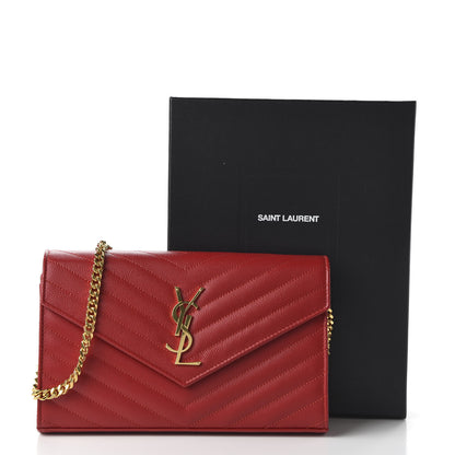 Saint Laurent Grain De Poudre Matelasse Chevron Monogram Chain Wallet Red 10 of 10