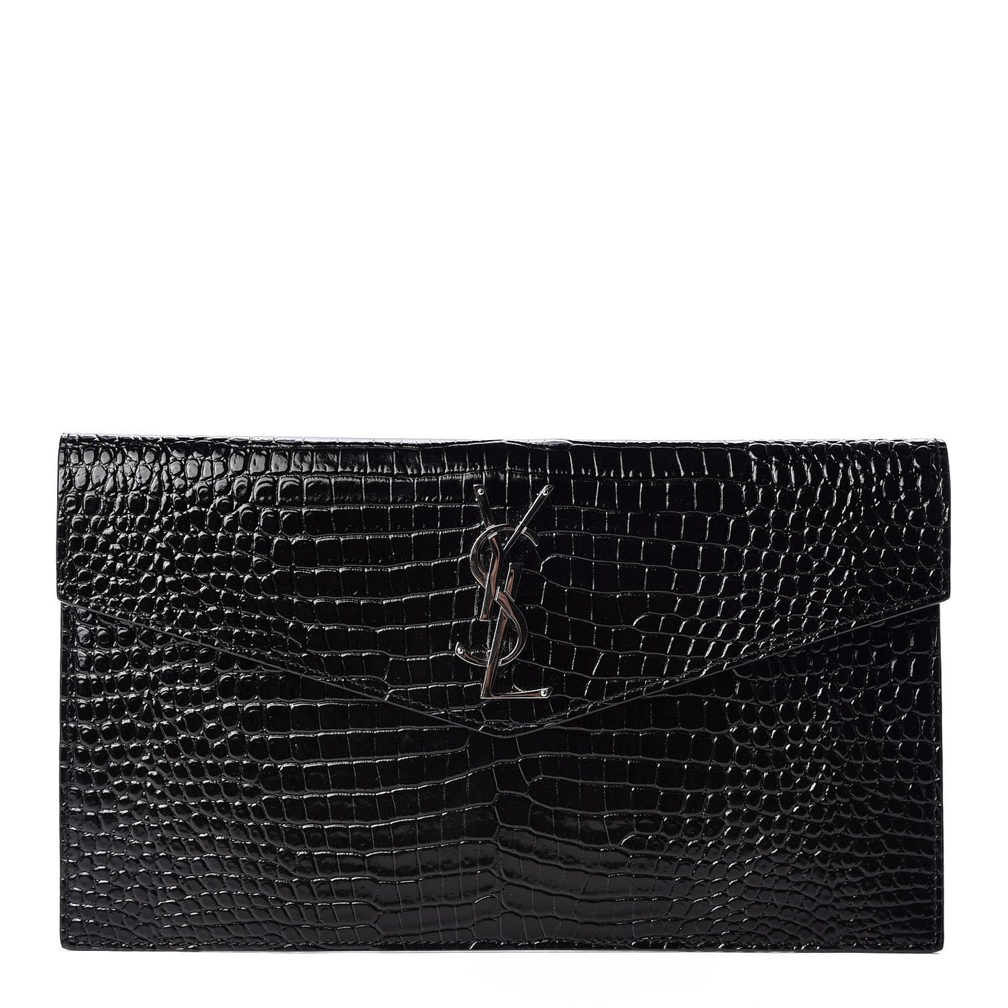 Calfskin Crocodile Embossed Uptown Monogram Clutch Black