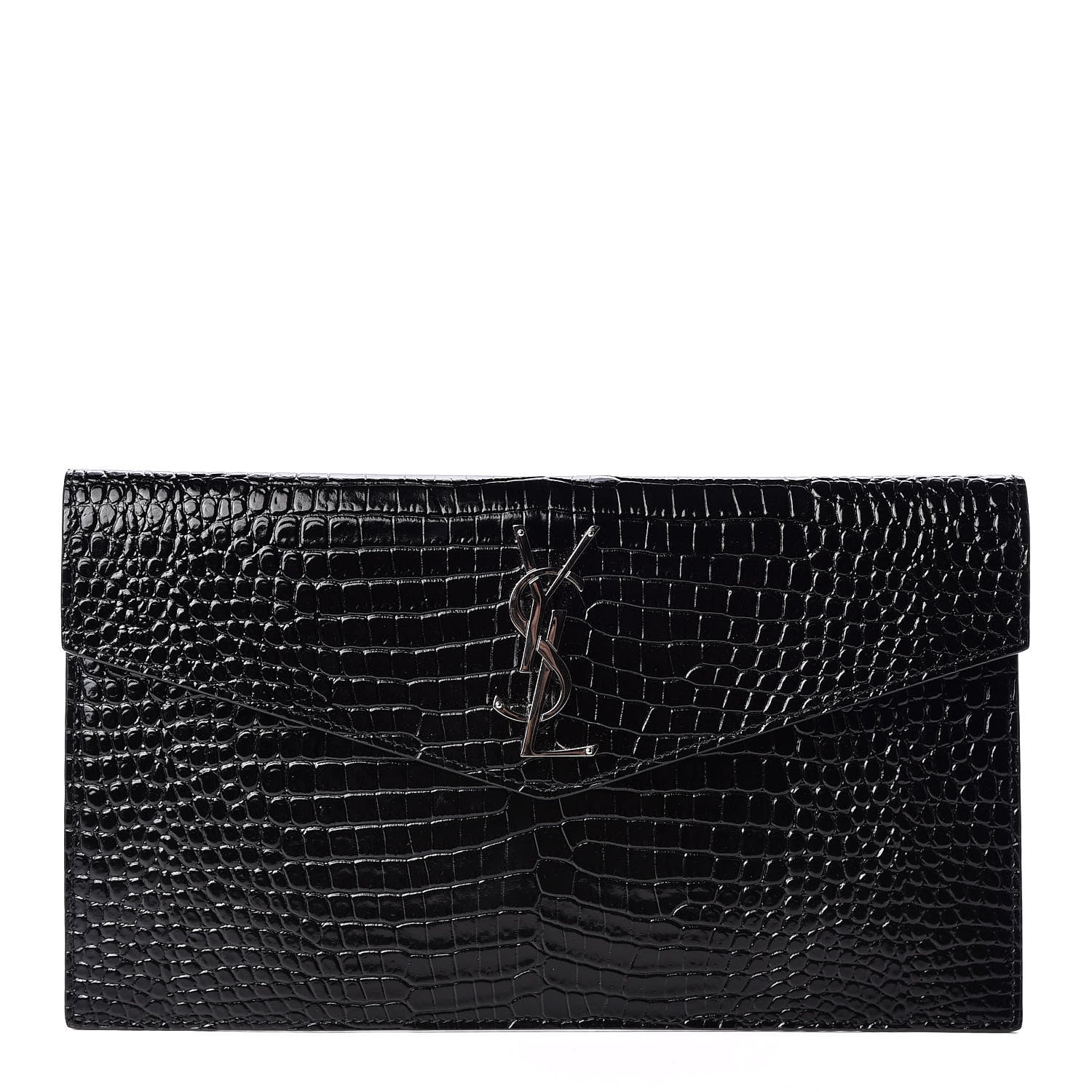 Saint Laurent Calfskin Crocodile Embossed Uptown Monogram Clutch Black 1 of 9